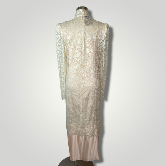 Vintage 1980s Dress Scott McClintock Cream Lace Overlay Pink Slip Pleated B1011 - Picture 3 of 4